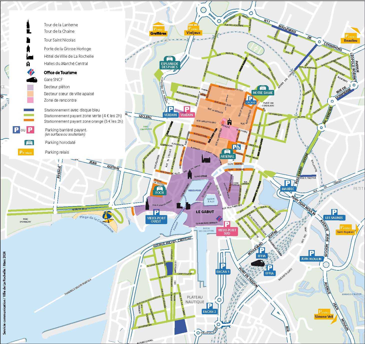 zone horodatée de La Rochelle avec les rues en zone orange et zone verte